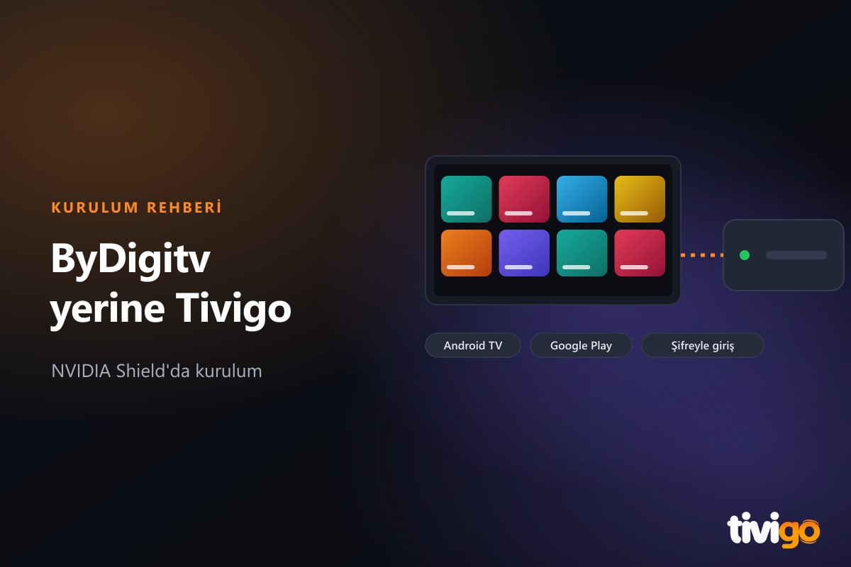 Televizyona ethernet kablosuyla bağlı Android TV kutusu ve ekranda Tivigo