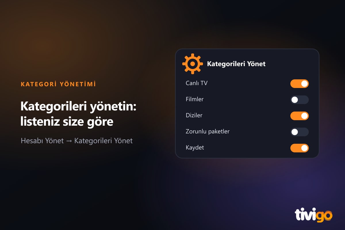 Tivigo Windows uygulamasında Canlı TV, Filmler ve Diziler sekmeli Kategorileri Yönet penceresi